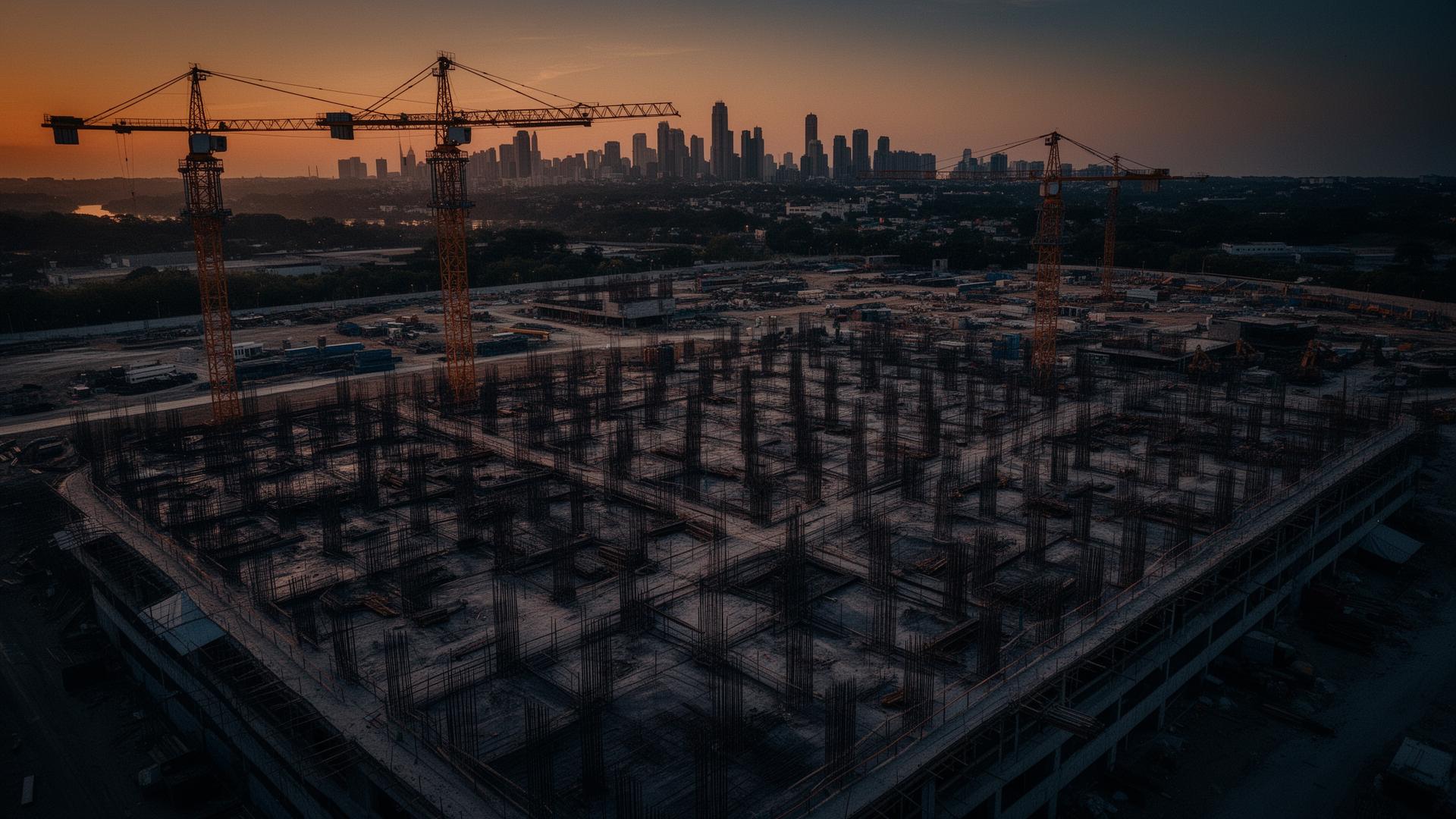 Aerial view of a large construction site at dusk with cranes and rebar foundations