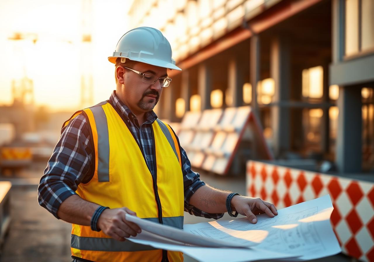 Construction superintendent reviewing blueprints